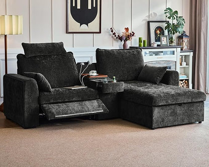 102.8'' Loveseat Power Recliner Sofa with Headrest, Oversized Cloud Modular Sectional Couch with Table, Drawer, Charging, 3-Seater with Storage Ottoman for RV Home Theater, Chenille, Black