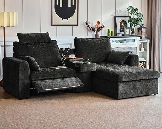 102.8'' Loveseat Power Recliner Sofa with Headrest, Oversized Cloud Modular Sectional Couch with Table, Drawer, Charging, 3-Seater with Storage Ottoman for RV Home Theater, Chenille, Black