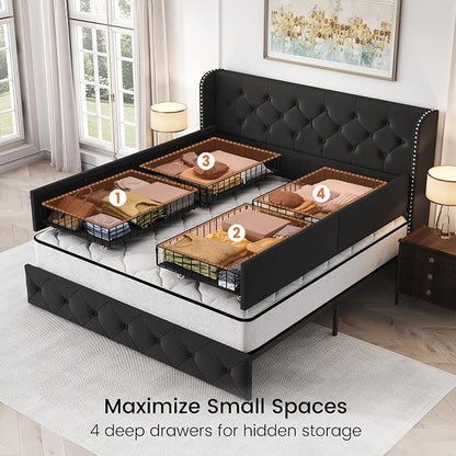LARMACE Queen Size Bed Frame with 4 Storage Drawers and 47.2" Tall Wingback Headboard Upholstered Platform Beds Velvet Tufted Bed Frame with Wooden Slats Support, Easy Assembly, Black