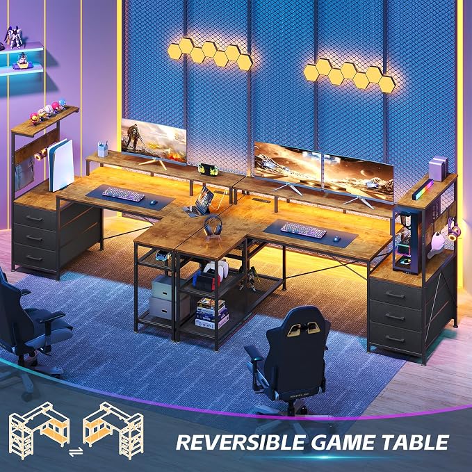 YOMILUVE L Shaped Gaming Desk with Drawers & Storage Shelves, Corner Gaming Desk with Power Outlets & LED Light, Reversible Computer Desk with Monitor Stand & Hooks, Rustic Brown