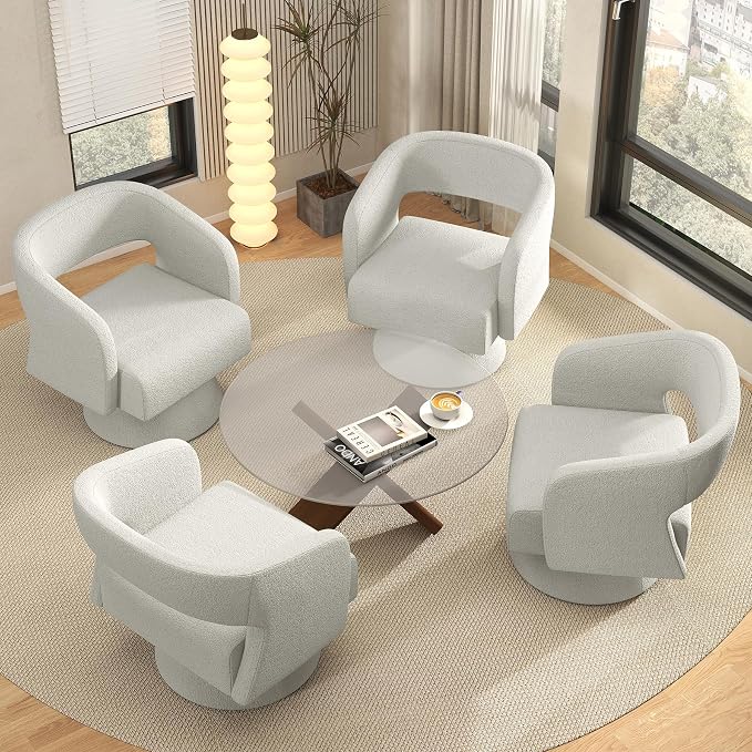 Luxanimarion Swivel Barrel Accent Chair,Oversized Teddy Upholstered Round Swivel Chair,Modern Luxury 360 Degree Living Room Vanity Chair for Bedroom Office,White,4PCS
