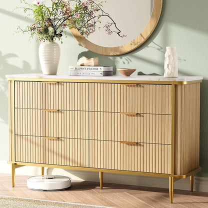 Fluted 6 Drawers Dresser for Bedroom, 55" Wide Modern Vertical Chest with Faux Marble Top, Dresser TV Stand, Wood Drawer Organizer for Living Room, Hallway