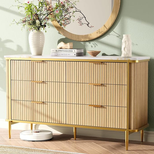 Fluted 6 Drawers Dresser for Bedroom, 55" Wide Modern Vertical Chest with Faux Marble Top, Dresser TV Stand, Wood Drawer Organizer for Living Room, Hallway