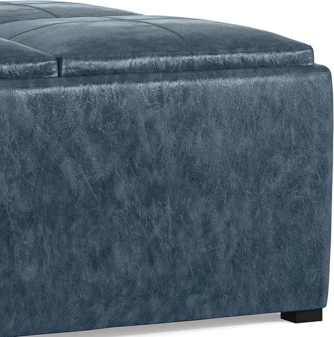 SIMPLIHOME Avalon 35 inch Wide Contemporary Square Coffee Table Storage Ottoman in Denim Blue Vegan Faux Leather, Assembled, For the Living Room and Bedroom