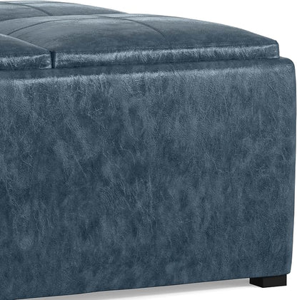 SIMPLIHOME Avalon 35 inch Wide Contemporary Square Coffee Table Storage Ottoman in Denim Blue Vegan Faux Leather, Assembled, For the Living Room and Bedroom