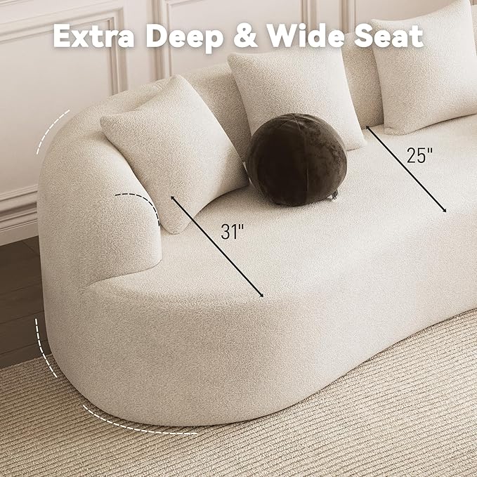 107" Curved Sofa for Living Room, Modern Chenille Cloud Couch Sofa, Luxury Plush Extra Deep 4-Seater Oversized Boucle Couch for Small Spaces, Apartment‌, No Assembly Required, Cream White