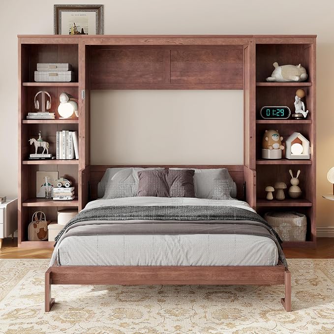 MERITLINE Full Murphy Bed with Desk and Storage Shelves, Solid Wood Vertical Murphy Wall Bed Cabinet with Storage Bookshelves Bookcase for Living Room, Guest Room (Full,Dark Brown)
