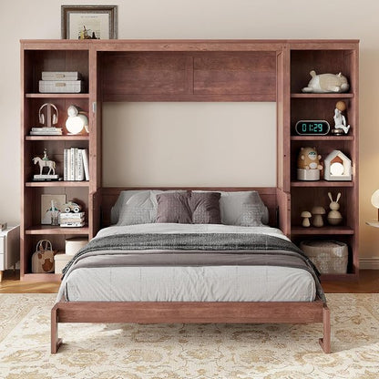 MERITLINE Full Murphy Bed with Desk and Storage Shelves, Solid Wood Vertical Murphy Wall Bed Cabinet with Storage Bookshelves Bookcase for Living Room, Guest Room (Full,Dark Brown)