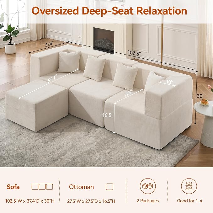 MONVANE 103'' Modular Sectional Sofa, Cloud Sectional Couch with Ottoman, Convertible Chenille L Shaped Couch with Deep Seat, Sectional Couches for Living Room Bedroom, No Assembly Required, Beige