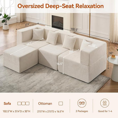 MONVANE 103'' Modular Sectional Sofa, Cloud Sectional Couch with Ottoman, Convertible Chenille L Shaped Couch with Deep Seat, Sectional Couches for Living Room Bedroom, No Assembly Required, Beige