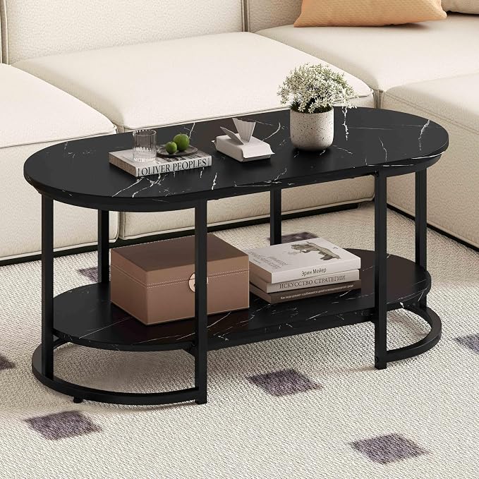 Giantex 2-Tier Coffee Table, Oval Center Table with Faux Marble Top & Open Storage Shelf, Modern Accent Table with Heavy Duty Metal Frame, Cocktail Table for Living Room Reception (Black Marble)