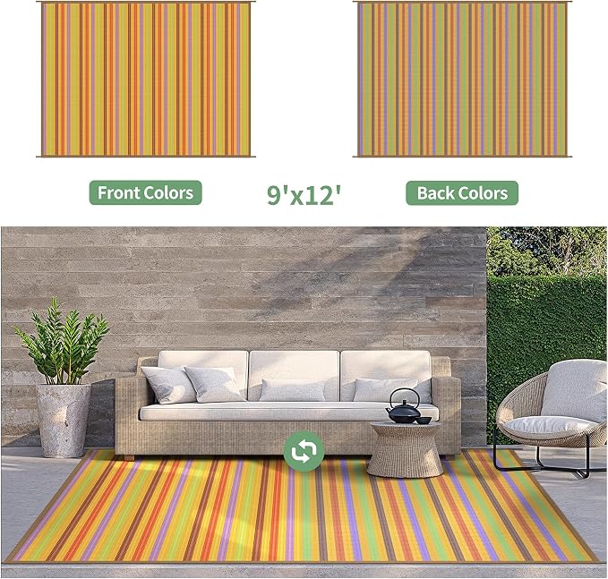 GENIMO Outdoor Rug for Patio Clearance, 9'x12' Reversible Plastic Straw Rugs, Lightweight Waterproof RV Camping Mat for Camper, Balcony, Deck, Backyard, Picnic, Rainbow