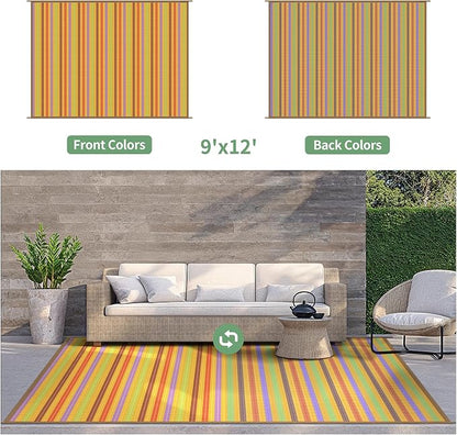 GENIMO Outdoor Rug for Patio Clearance, 9'x12' Reversible Plastic Straw Rugs, Lightweight Waterproof RV Camping Mat for Camper, Balcony, Deck, Backyard, Picnic, Rainbow