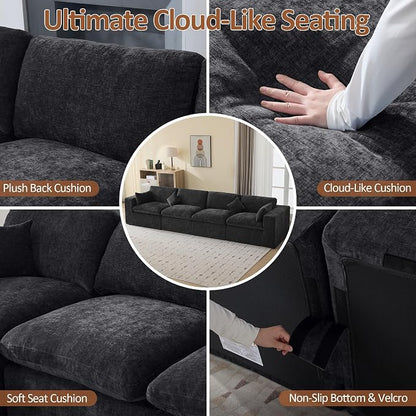 146''Cloud Boneless Sectional Couch, Modular Sectional Sofa Deep Seat, Oversized Upholstered Convertible Comfy 4 Seater Chenille Memory Foam Sofa Couches for Living Room, Dark
