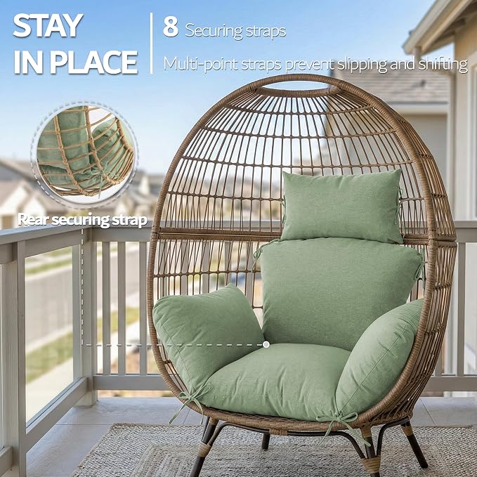 Egg Chair Cushion with 8 Securing Straps, Water-Repellent & Fade-Resistant Faux Linen, Removable Cover, Replacement Cushion for Most Single Outdoor Hanging Swing Egg Chairs – Sage Green