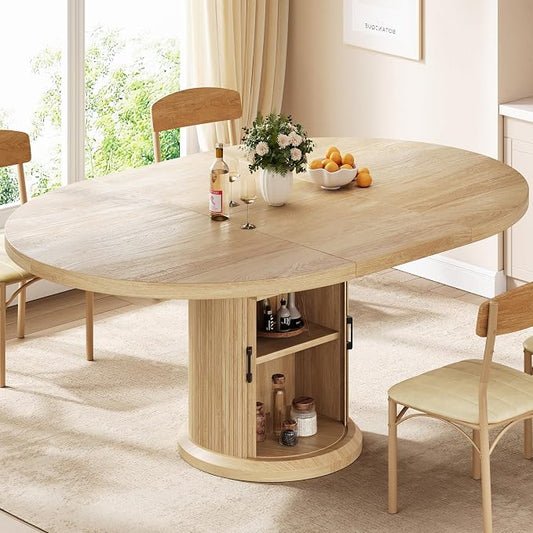 Jocoevol 47″–63″ Extendable Round Kitchen Dining Room Table for 4-6 with 2-Tier Storage Shelf Dust-Proof, Space Saving Expandable Wood Oval Circle Dinner Furniture with Pedestal Base (Natural Oka)