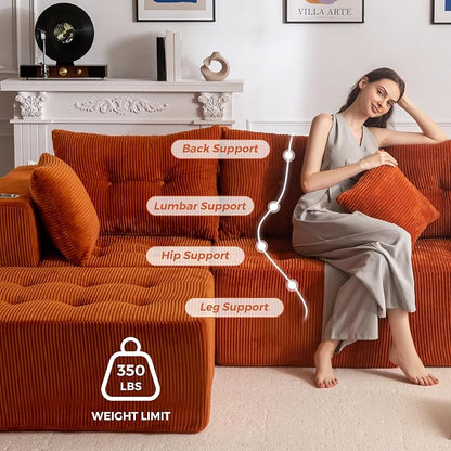 MAXYOYO Modular Sectional Sofa Couch, L Shaped Modern Cloud Couch with 1 Ottoman, Sofa in A Box, Tufted 4-Seat Boneless Chair for Living Room, No Assembly Required, Orange