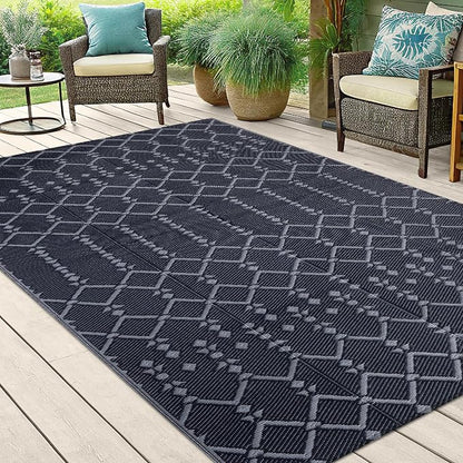 Smiry Outdoor Rug 5x8 ft, Waterproof Reversible Plastic Straw Rugs, Boho Outdoor Area Rug, Outside Floor Mat for Patio, Backyard, Deck, Picnic, Beach, Camping, Dark Grey