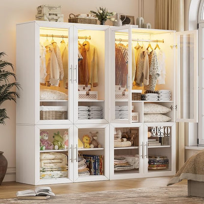 PAKASEPT Armoire Wardrobe Closet Door, Bedroom Closet Wardrobe Cabinet with Hanging Rod, Lighted Freestanding Armoire Storage Cabinet for Bedroom Cloakroom White (White&Full Glass Door)