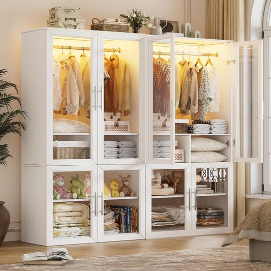PAKASEPT Armoire Wardrobe Closet Door, Bedroom Closet Wardrobe Cabinet with Hanging Rod, Lighted Freestanding Armoire Storage Cabinet for Bedroom Cloakroom White (White&Full Glass Door)