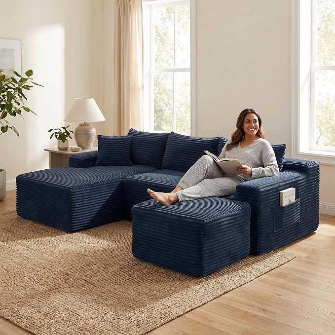 95-Inch U-Shaped Left Facing Corner Compressed Sofa Modular Sectional Boneless Cloud Sofa Floor Foam Couch W/Chaise Lounge & Ottoman, Corduroy Corner Boneless Cloud Couch