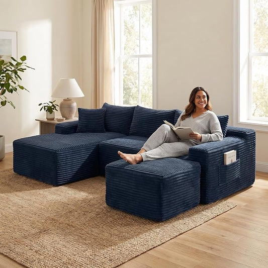 95-Inch U-Shaped Left Facing Corner Compressed Sofa Modular Sectional Boneless Cloud Sofa Floor Foam Couch W/Chaise Lounge & Ottoman, Corduroy Corner Boneless Cloud Couch
