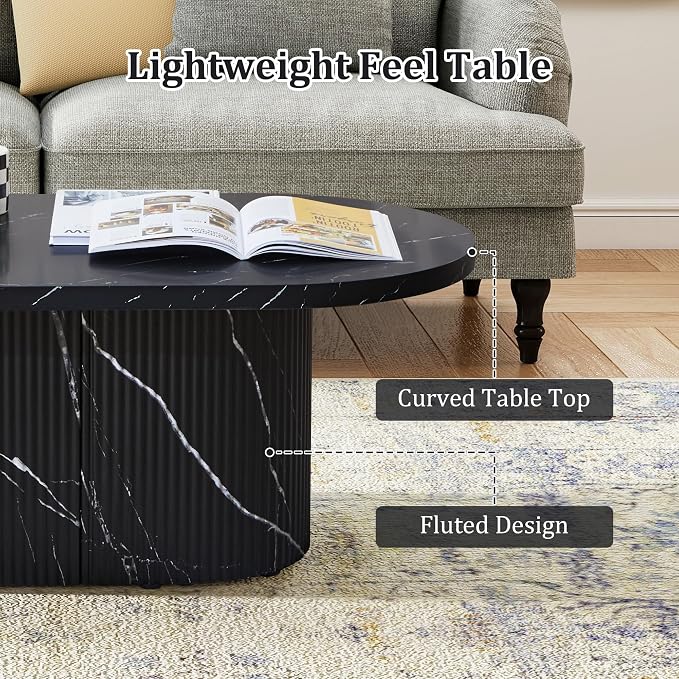 Oval Coffee Table, Modern Faux Marble Wood Coffee Table, Small Fluted Center Tea Table for Living Room, Black
