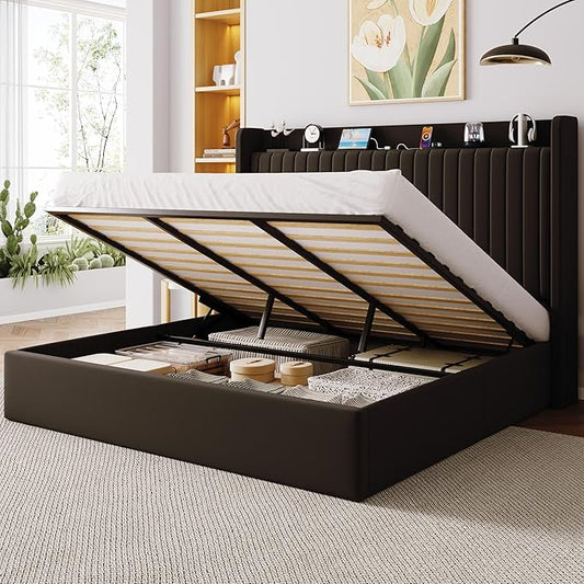 Allewie King Size Lift Up Storage Bed Frame,Storage Shelf Headboard with Charging Station,Type-C and USB Ports,Hydraulic Support,Velvet Upholstered Bed Frame,No Box Spring Needed,Black