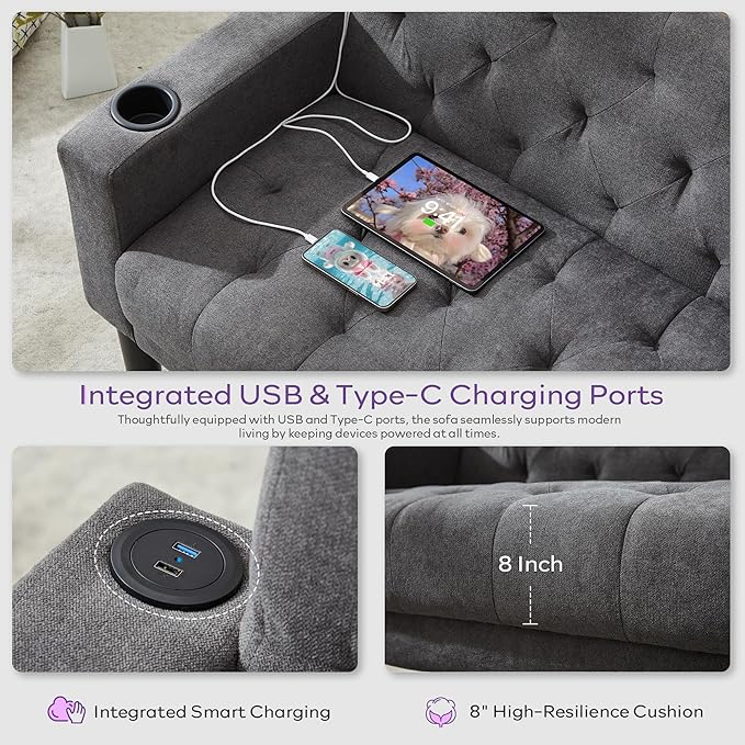 TYBOATLE 62" W Loveseat Sofa w/ 2 USB Charger Ports and 2 Cupholders, Mid-Century Modern Tufted Linen Fabric Small Love Seat Couches for Compact Living Room, Bedroom, Apartment, Dorm (1, Dark Grey)