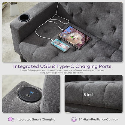TYBOATLE 62" W Loveseat Sofa w/ 2 USB Charger Ports and 2 Cupholders, Mid-Century Modern Tufted Linen Fabric Small Love Seat Couches for Compact Living Room, Bedroom, Apartment, Dorm (1, Dark Grey)