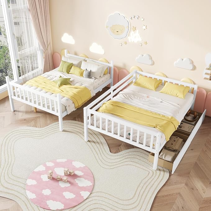 Ball & Cast Full Over Full Wood Bunk Bed for Kids,Convertible Storage Bunk Bed with Two Storage Drawers and Ladder,Can Be Divided Into Two Full Size Daybeds,No Box Spring Required,White