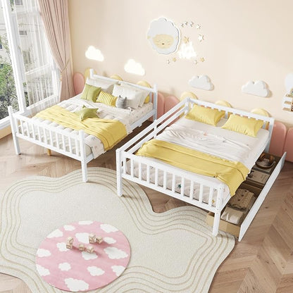 Ball & Cast Full Over Full Wood Bunk Bed for Kids,Convertible Storage Bunk Bed with Two Storage Drawers and Ladder,Can Be Divided Into Two Full Size Daybeds,No Box Spring Required,White
