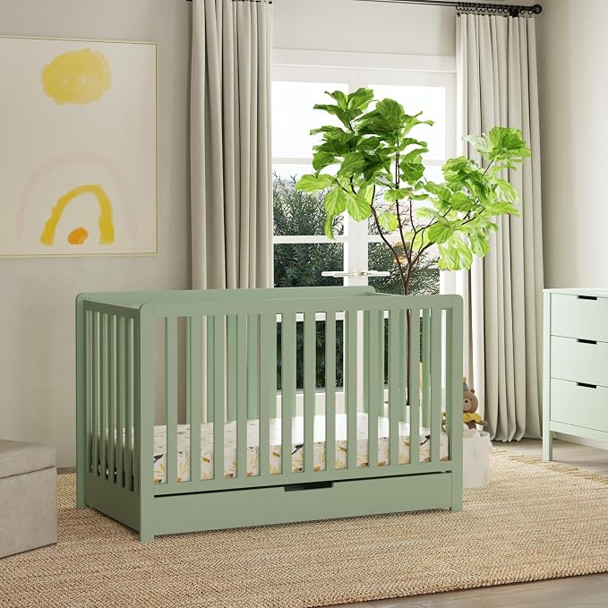 Carter's by Davinci Colby 4-in-1 Convertible Crib with Trundle Drawer in Light Sage, Greenguard Gold Certified, Undercrib Storage