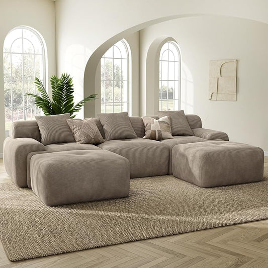 LIKIMIO LumiCord 118" Tufted Modular Sectional Sofa, Modern U-Shaped Boneless Couch for Living Room, 26.8" Deep Seat, 18.1" High Seating, 15" Wide Armrest, Corduroy, Light Brown