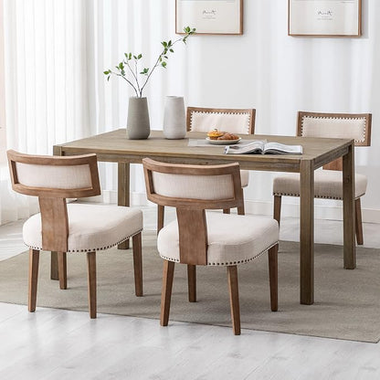 RIVOVA Mid Century Modern Dining Chairs Set of 2 Linen Fabric Upholstered Kitchen Side Chairs with Nailhead Trim, Modern Kitchen Armless Solid Wood Dining Chairs, Beige