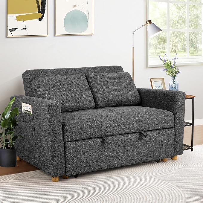 SEJOV Sleeper Sofa, 3-in-1 Convertible Pull Out Couch Bed Futon Sofa, Linen Fabric Loveseat with 2 Pillows and Adjustable Backrest, Chaise Lounge for Small Spaces Apartment Dorm, Office, Black