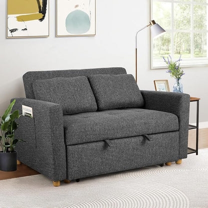 SEJOV Sleeper Sofa, 3-in-1 Convertible Pull Out Couch Bed Futon Sofa, Linen Fabric Loveseat with 2 Pillows and Adjustable Backrest, Chaise Lounge for Small Spaces Apartment Dorm, Office, Black