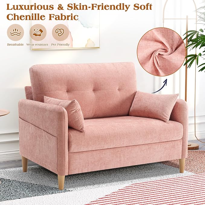 Hanherry Loveseat Couch,Small Sofa for Living Room, Comfy Chenille Fabric Love Seat for Bedroom with Throw Pillow,Removable Cushion Cover,Couches for Small Space,Apartment,Dorm