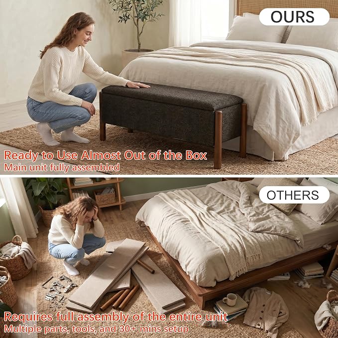 Modern Storage Benches with Walnut Wood Legs, 47'' Ottoman Bench with 20 Gallons Storage Space for Bedroom End of Bed, Fabric Upholstered Entryway Bench with Seating for Livingroom, Gray