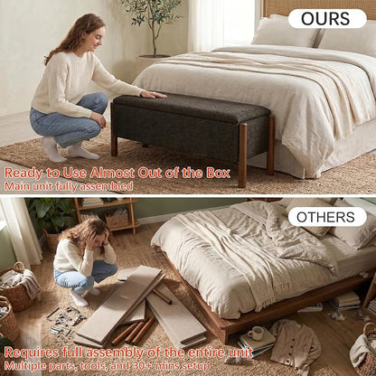 Modern Storage Benches with Walnut Wood Legs, 47'' Ottoman Bench with 20 Gallons Storage Space for Bedroom End of Bed, Fabric Upholstered Entryway Bench with Seating for Livingroom, Gray