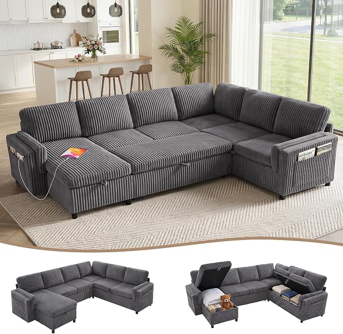 Sectional Sleeper Sofa with Pull Out Bed, 7 Seats U Shaped Modular Sectional Sofa with Storage, USB Ports, Cup Holders, Plush Corduroy Cloud Sectional Couches for Living Room, Dark Grey