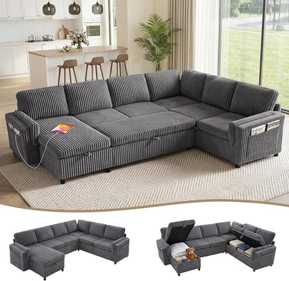 Sectional Sleeper Sofa with Pull Out Bed, 7 Seats U Shaped Modular Sectional Sofa with Storage, USB Ports, Cup Holders, Plush Corduroy Cloud Sectional Couches for Living Room, Dark Grey