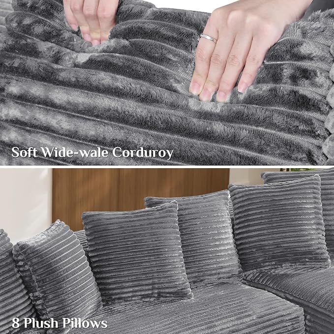 131" Oversized U Shaped Cloud Sectional Couches for Living Room, Comfy Fluffy Corduroy Dark Grey Boneless Sectionals Couch, Plush Memory Foam Modular Sectional Sofa with Chaise- 19" Seat Height