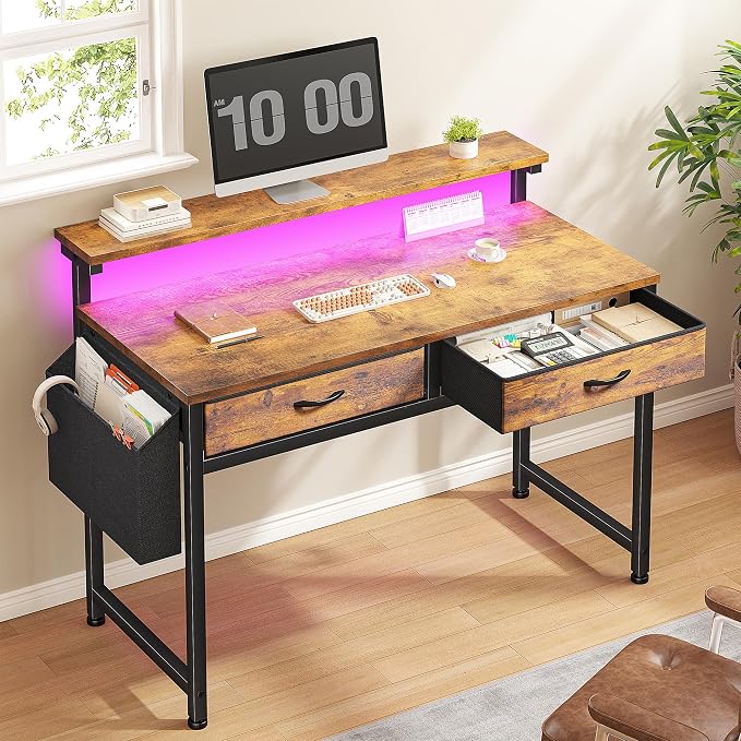 Gaming Desk with LED Lights with 2 Drawers, 31 Inch Desk Home Office Desk Computer Desk with Side Pocket & Ergonomic Monitor Stand, Small Space Study Writing Table with Anti-Tip Design, Rustic Brown