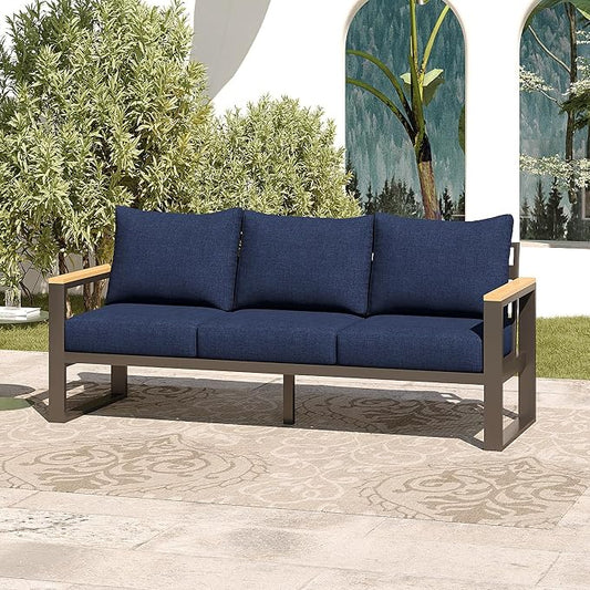 Sundale Outdoor Aluminum Patio Furniture, 3-seat All-Weather Outdoor Couch with 6" Olefin Cushion & Wide Armrest, Outside Sofa Seating for Garden Deck Porch (Navy Blue) | Heavy Duty