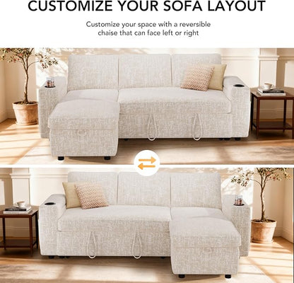 Sunny Heart L-Shaped Sleeper Sofa with Pull Out Bed, 82" Sectional Couch with Reclining Backrest, Reversible Storage Chaise, Armrest Storage, Cup Holders, and Side Pockets, Tool-Free Assembly, Beige