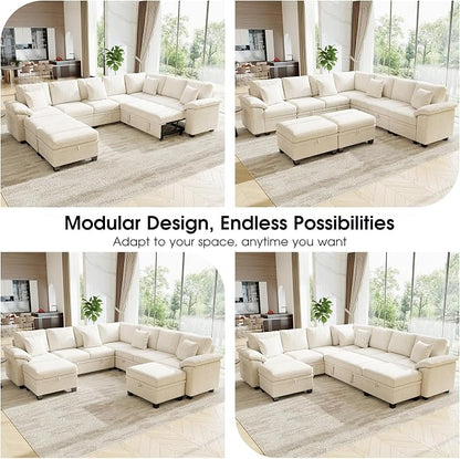 107.8" Oversized Modular Sectional Sofa with Pull Out Bed, 9 Seat U Shaped Sectional Sleeper Sofa with 291L Storage, Convertible Cloud Couch Bed, Sectional Couches for Living Room, Apartment (Beige)