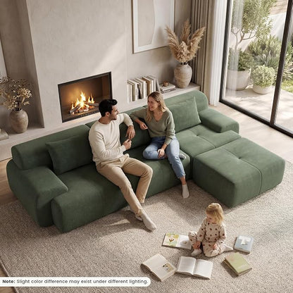 GRUSIGN 108'' Modular Sectional Boneless Sofa, Tufted Sectional Couches for Living Room,Oversized L Shape Deep Seat Sofa with Ottoman & 3 Throw Pillows,Corduroy Cloud Couch,Green
