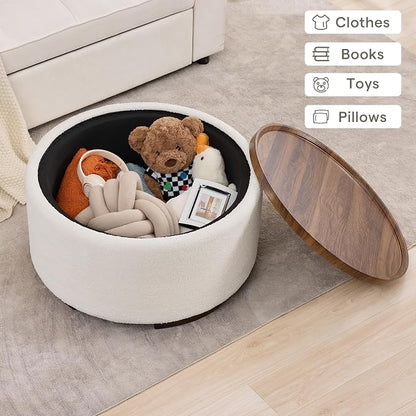 29.5 Inch Round Storage Ottoman Coffee Table,Modern Circle Coffee Table with Storage with Removable Lid Top and Solid Wood Legs,Large Round Ottoman for Bedroom,Living Room,Teddy Fleece,Beige