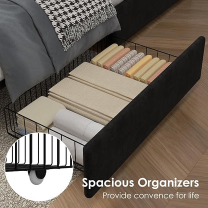 VECELO Queen Size Upholstered Bed Frame with 4 Storage Drawers, Adjustable Velvet Rivet Decor Headboard, Wooden Slats Platform Support, No Box Spring Needed, Easy Assembly,Black